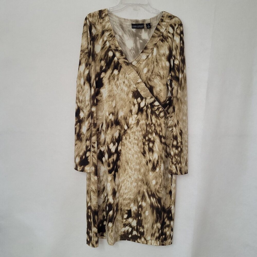 Pamela Dennis Dress Womens M Brown Tan V-Neck Long Sleeve Stretch A-Line‎